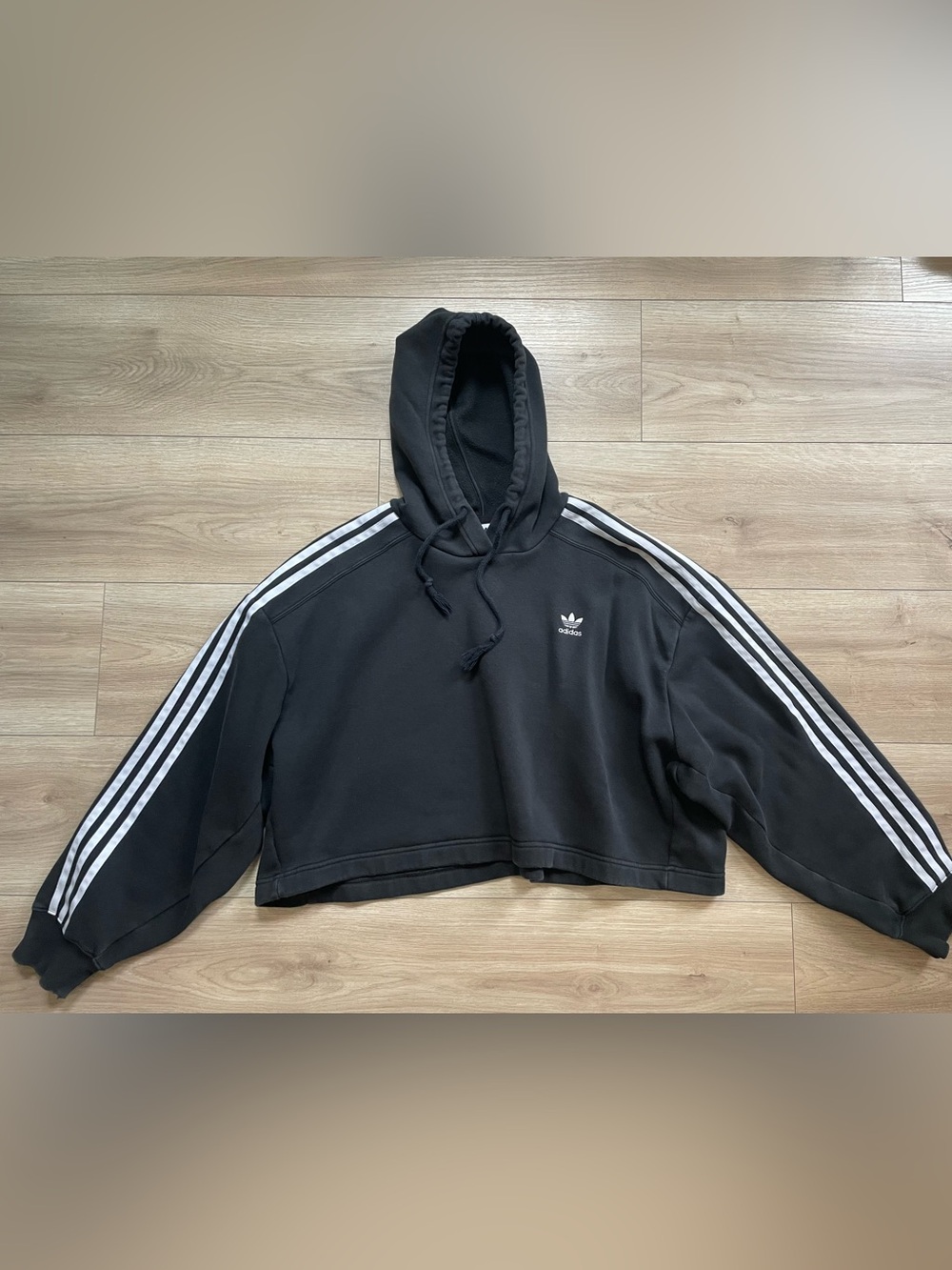 adidas Black Hoodie with White Trefoil and Sleeve Stripes